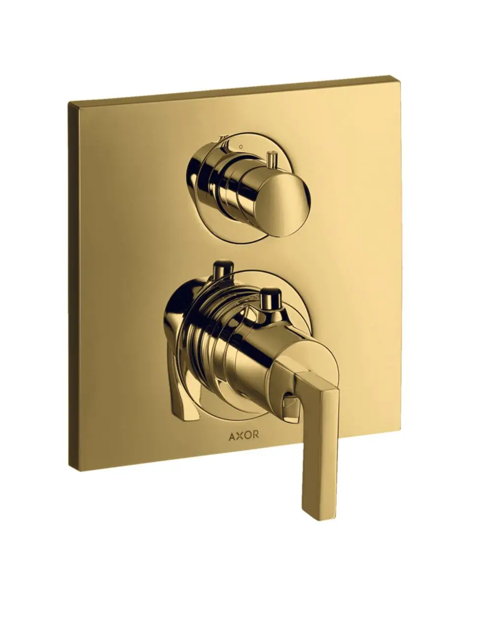 Thermostat-Unterputzarmatur mit Hebelgriff in polierter Goldoptik von AXOR, ausgestattet mit Ab- und Umstellventil.